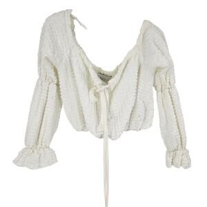 Azulu Colombia Crop Top White Textured Balloon Sleeve Tie Neck Pullover Size M